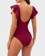 Emoswims - Ruffle Sleeve Cut-Out Ruched One-Piece Swimsuit