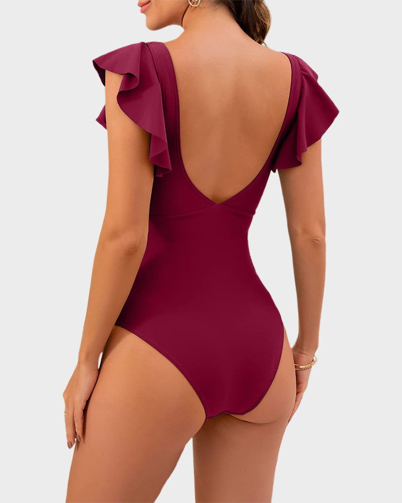 Emoswims - Ruffle Sleeve Cut-Out Ruched One-Piece Swimsuit