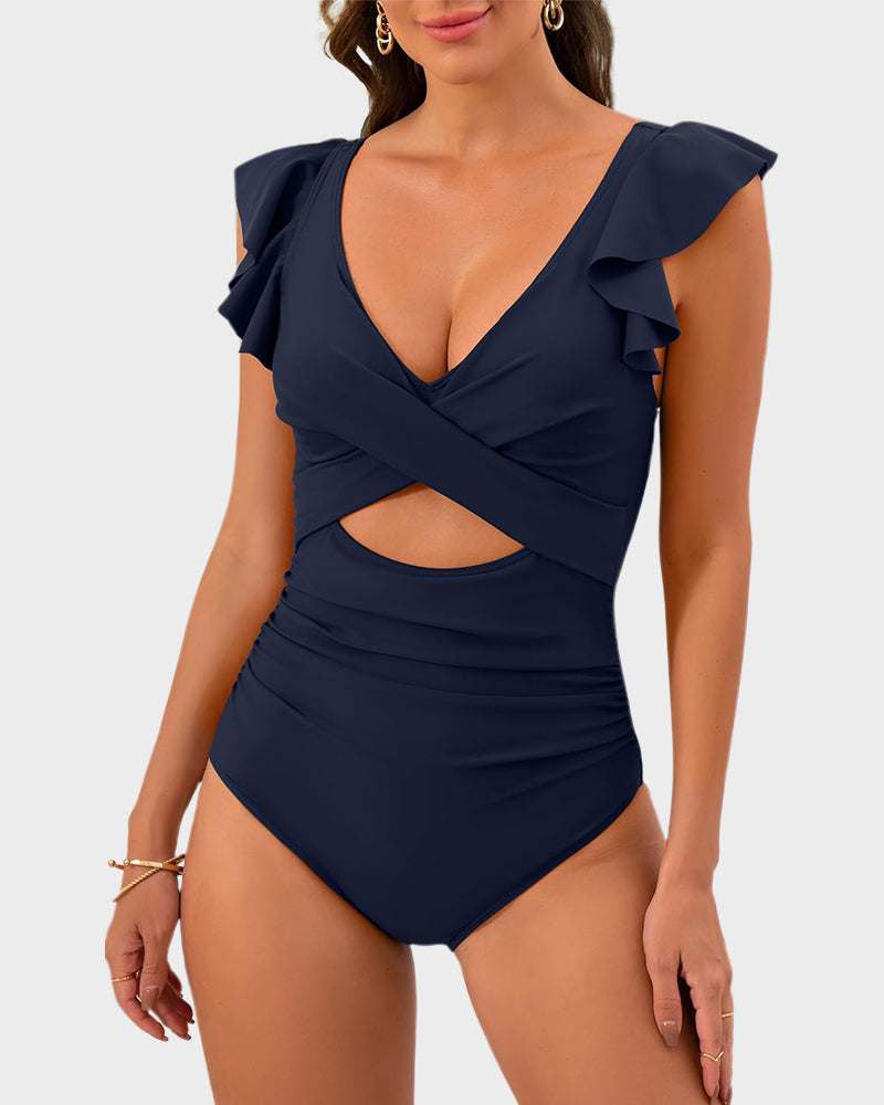Emoswims - Ruffle Sleeve Cut-Out Ruched One-Piece Swimsuit