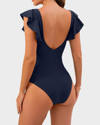 Emoswims - Ruffle Sleeve Cut-Out Ruched One-Piece Swimsuit