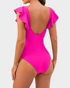 Emoswims - Ruffle Sleeve Cut-Out Ruched One-Piece Swimsuit