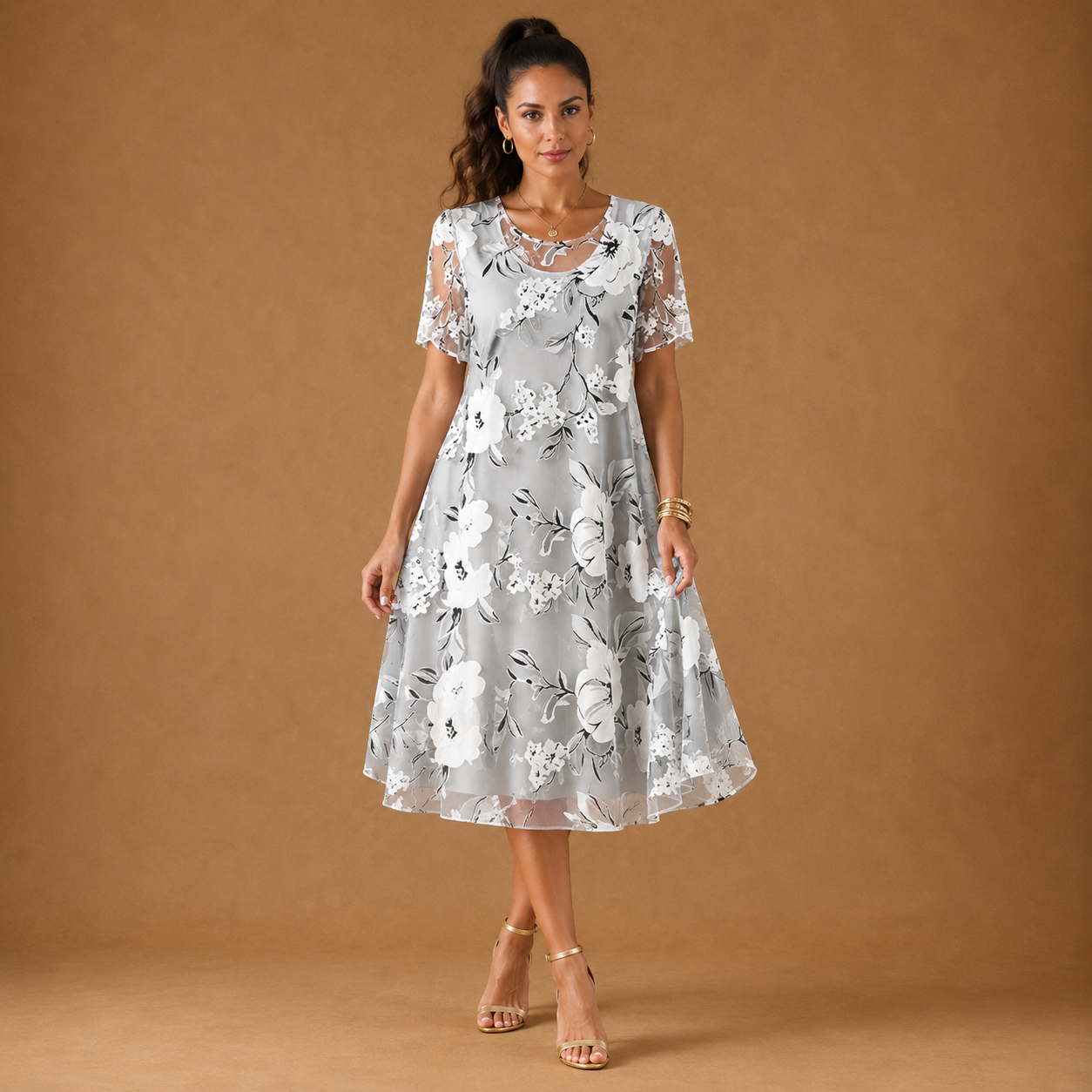 SERAPHINA | Vestido midi de malla con estampado floral