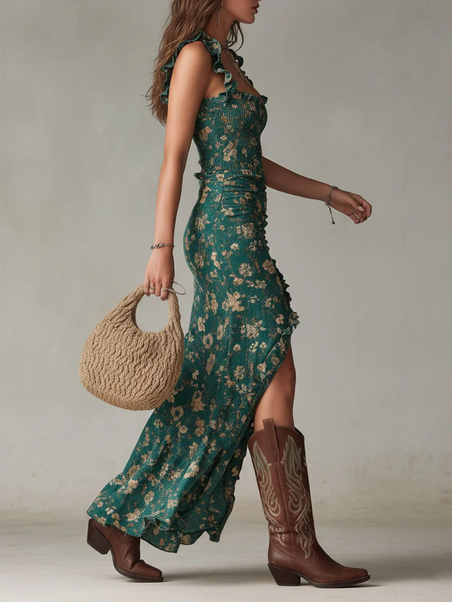 Gabriel Moreno - Zara | Vestido Maxi Floral Bohemio Fruncido con Abertura Lateral
