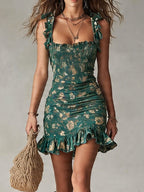 Gabriel Moreno - Vestido Mini Estampado Verde Bohemio con Volantes