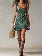 Gabriel Moreno - Vestido Mini Estampado Verde Bohemio con Volantes