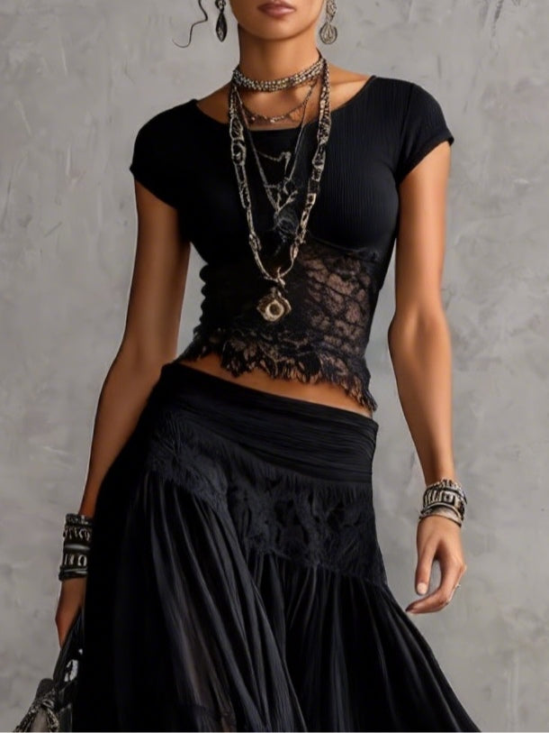 Gabriel Moreno - Conjunto Top de Encaje Negro Transparente y Falda Maxi Plisada
