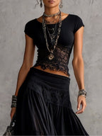 Gabriel Moreno - Conjunto Top de Encaje Negro Transparente y Falda Maxi Plisada