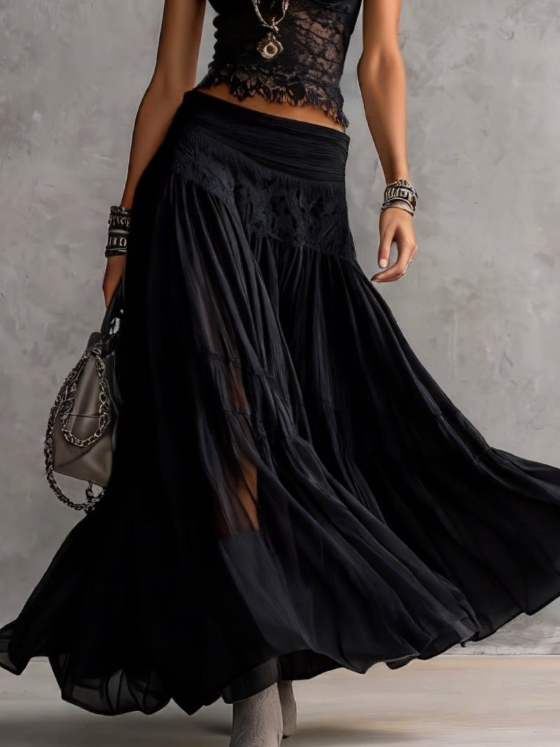Gabriel Moreno - Conjunto Top de Encaje Negro Transparente y Falda Maxi Plisada