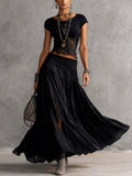 Gabriel Moreno - Conjunto Top de Encaje Negro Transparente y Falda Maxi Plisada