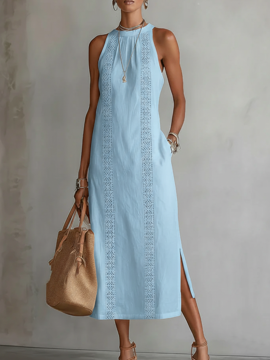 Jimena | Vestido Midi Relajado con Bordados y Cuello Mandarín