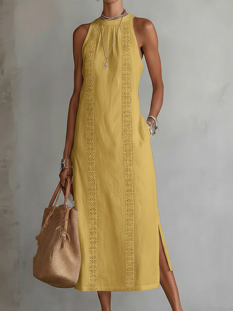 Jimena | Vestido Midi Relajado con Bordados y Cuello Mandarín
