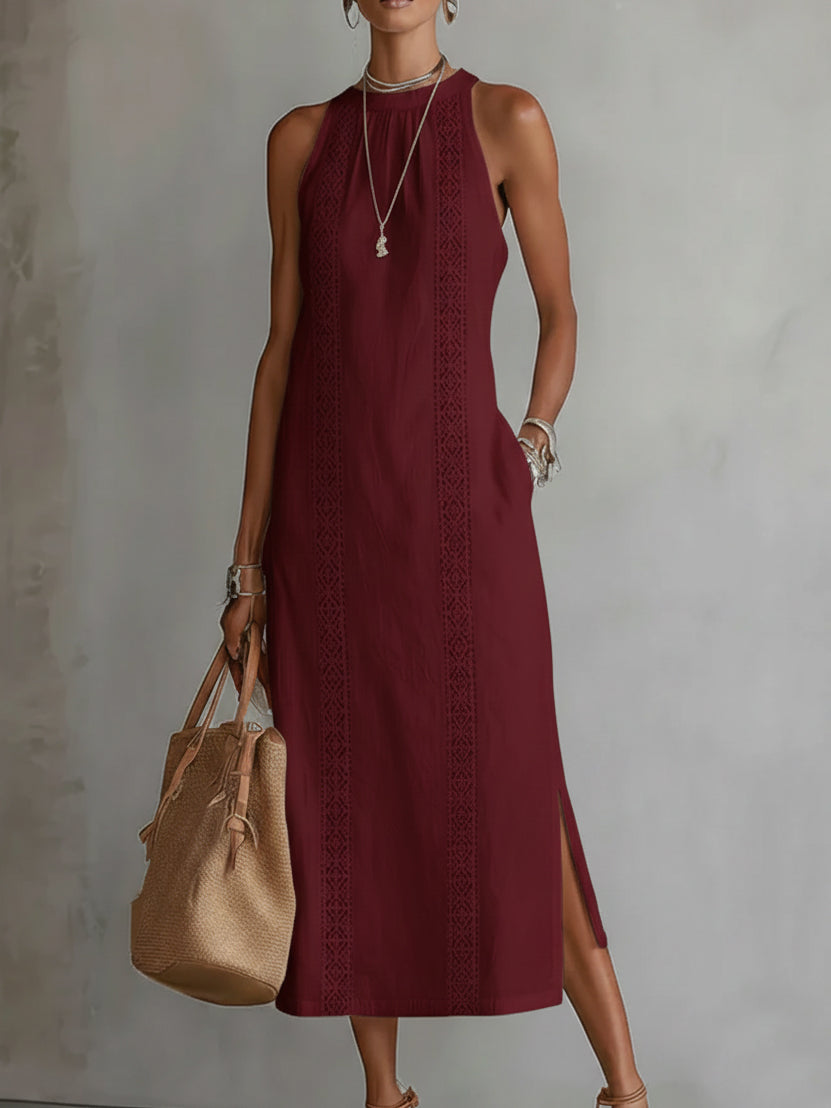 Jimena | Vestido Midi Relajado con Bordados y Cuello Mandarín