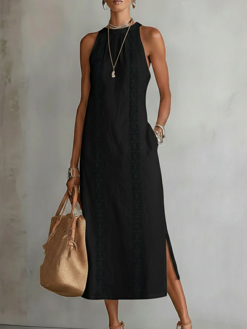 Jimena | Vestido Midi Relajado con Bordados y Cuello Mandarín