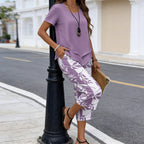 Conjunto de ocio con camiseta de cuello redondo (multicapa) y pantalones extraanchos: cómodo, ligero y versátil; ideal para el día a día y para viajar