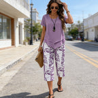 Conjunto de ocio con camiseta de cuello redondo (multicapa) y pantalones extraanchos: cómodo, ligero y versátil; ideal para el día a día y para viajar