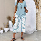Conjunto de ocio con camiseta de cuello redondo (multicapa) y pantalones extraanchos: cómodo, ligero y versátil; ideal para el día a día y para viajar