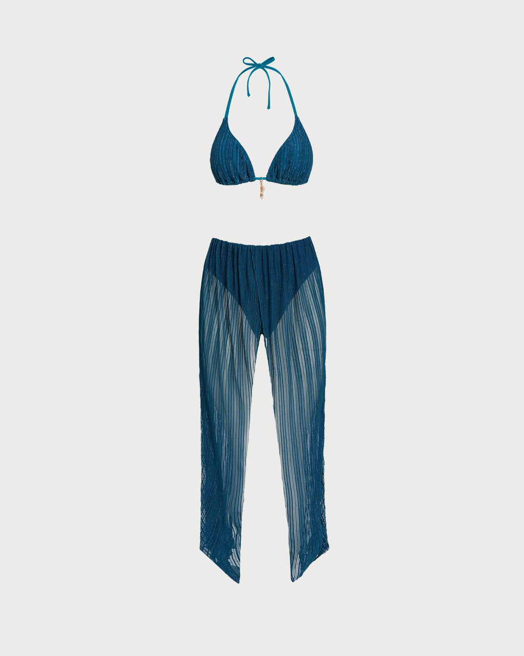 Conjunto de bikini azul con cuello halter, lentejuelas y cordón