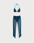 Conjunto de bikini azul con cuello halter, lentejuelas y cordón