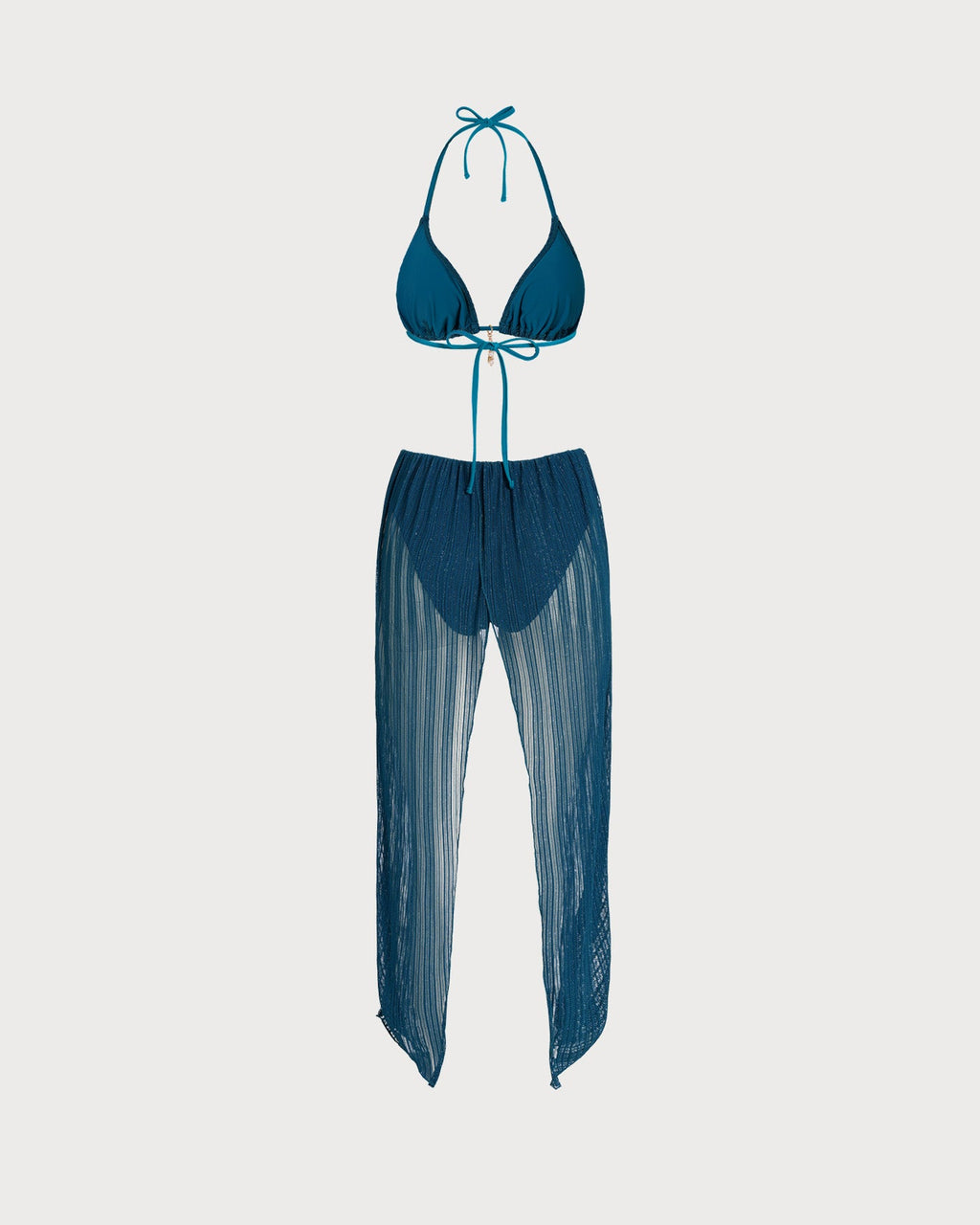 Conjunto de bikini azul con cuello halter, lentejuelas y cordón