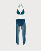 Conjunto de bikini azul con cuello halter, lentejuelas y cordón