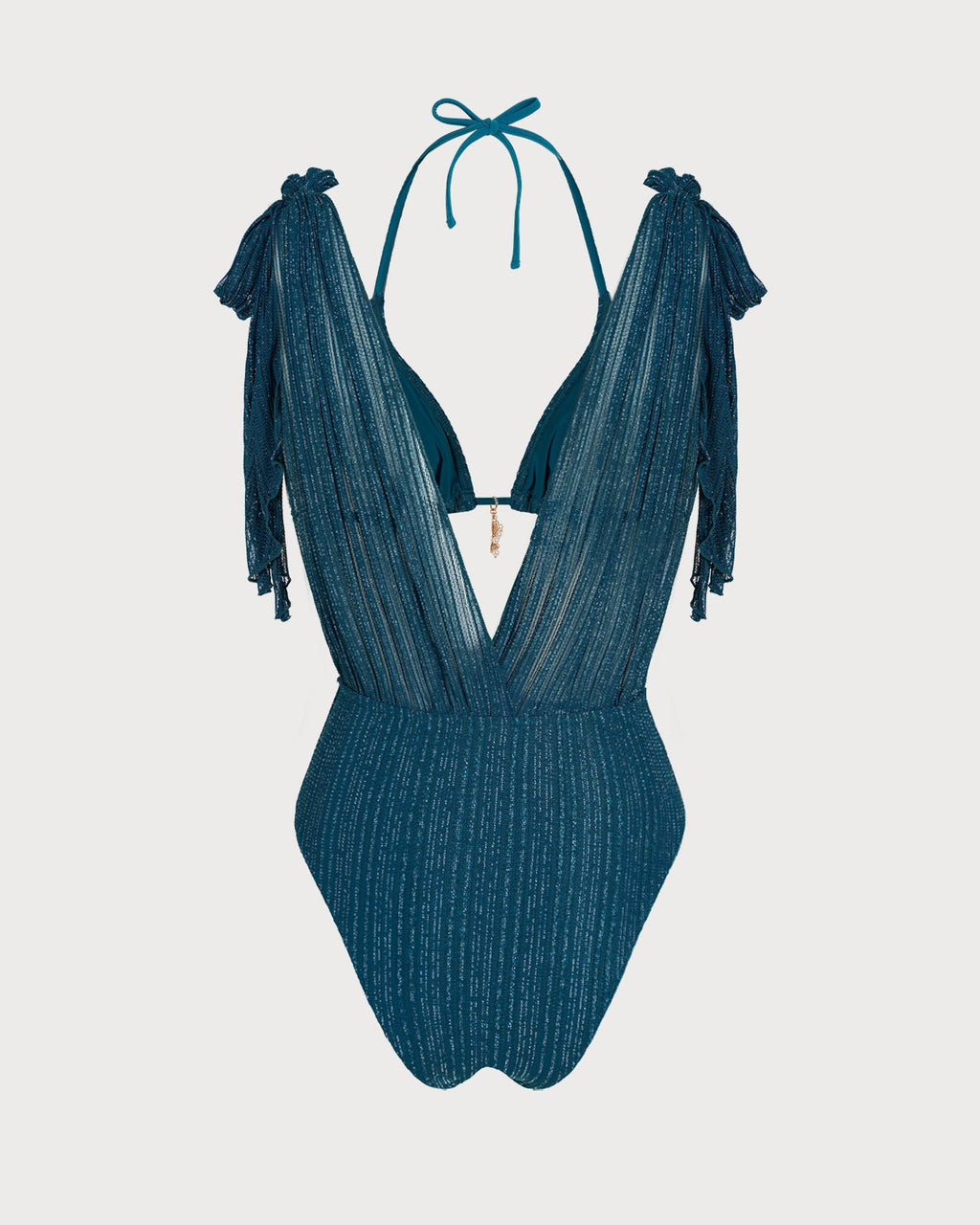 Conjunto de bikini azul con cuello halter, lentejuelas y cordón