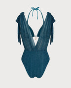 Conjunto de bikini azul con cuello halter, lentejuelas y cordón