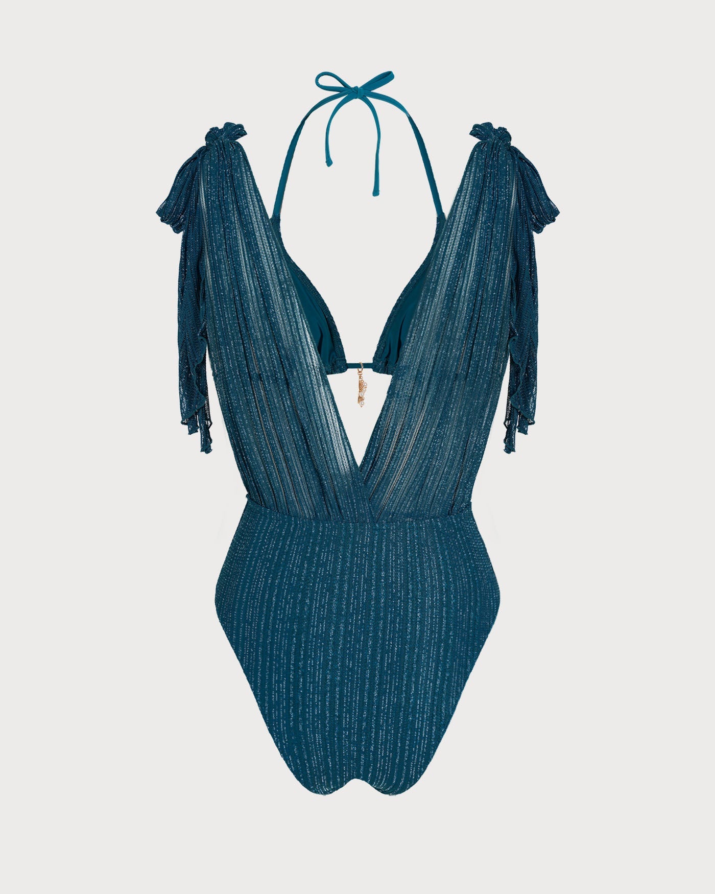 Conjunto de bikini azul con cuello halter, lentejuelas y cordón