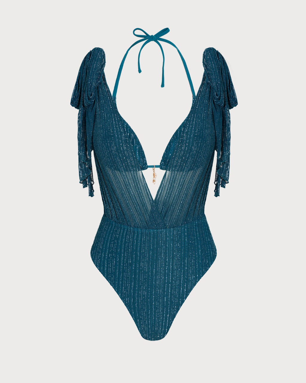 Conjunto de bikini azul con cuello halter, lentejuelas y cordón