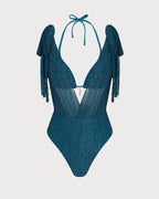 Conjunto de bikini azul con cuello halter, lentejuelas y cordón