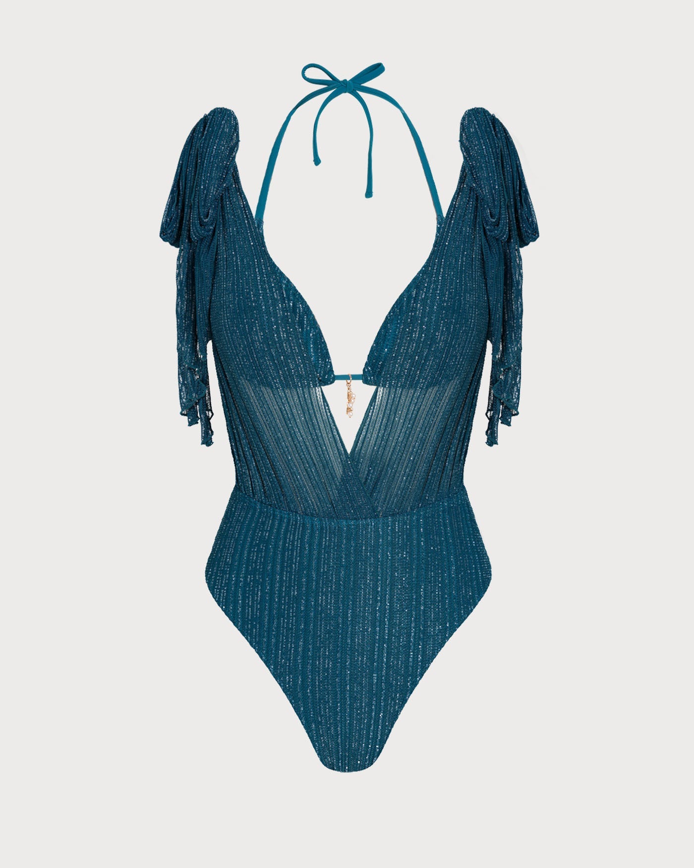 Conjunto de bikini azul con cuello halter, lentejuelas y cordón