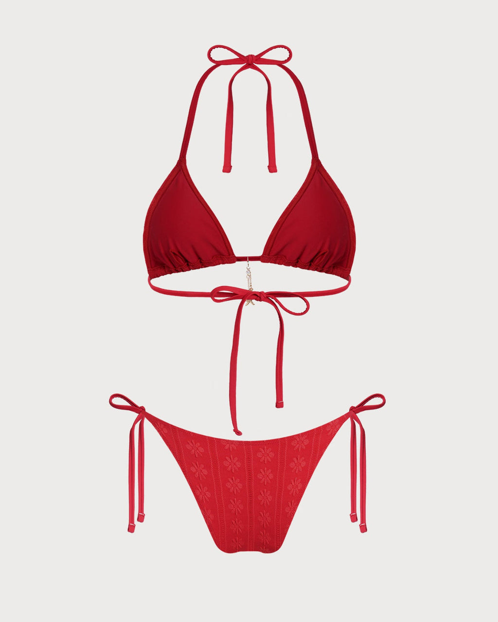 Conjunto de bikini rojo con estampado jacquard, cuello halter y cordón