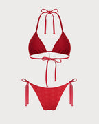 Conjunto de bikini rojo con estampado jacquard, cuello halter y cordón