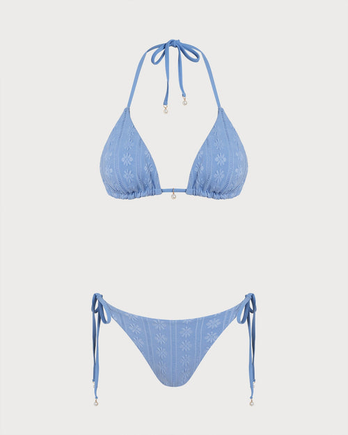 Conjunto de bikini reversible con top halter y braguita triangular azul