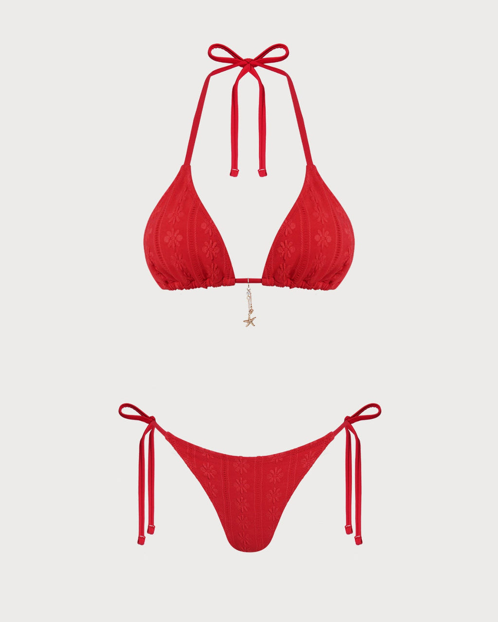 Conjunto de bikini rojo con estampado jacquard, cuello halter y cordón