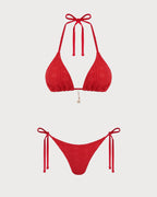 Conjunto de bikini rojo con estampado jacquard, cuello halter y cordón