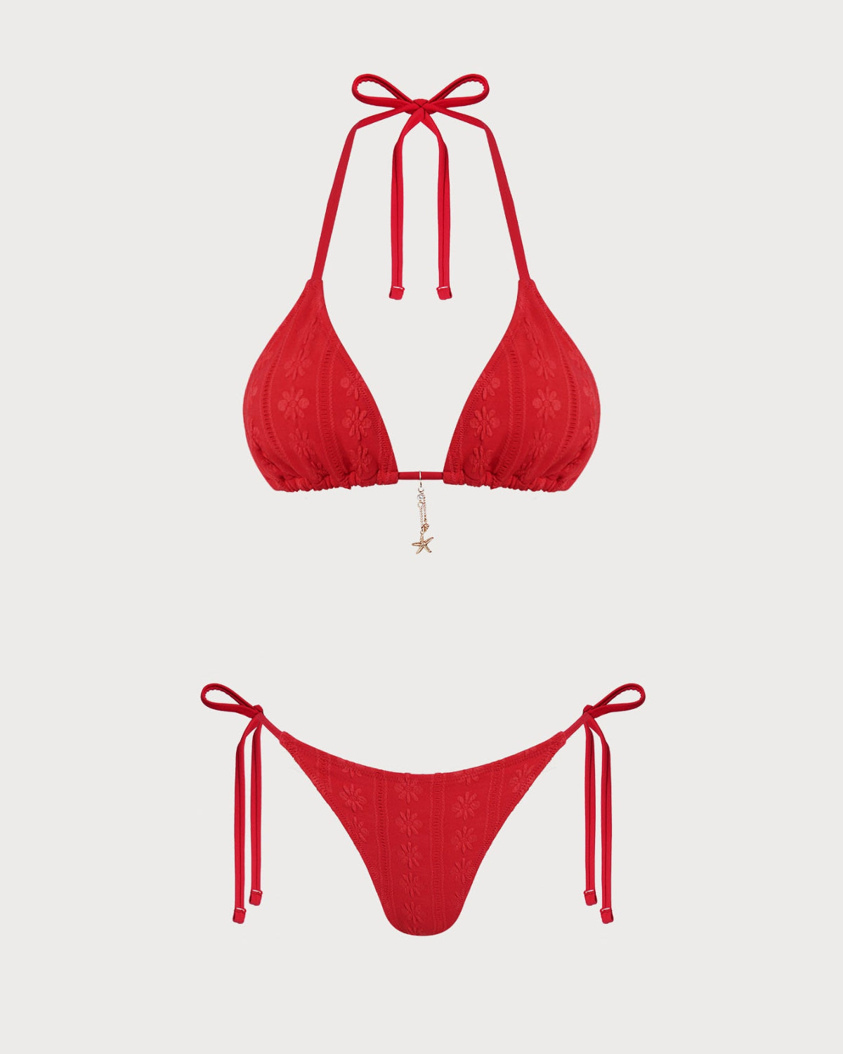 Conjunto de bikini rojo con estampado jacquard, cuello halter y cordón