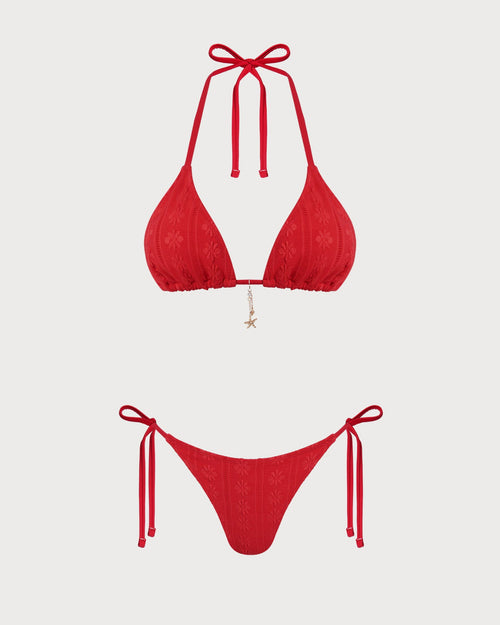 Conjunto de bikini rojo con estampado jacquard, cuello halter y cordón
