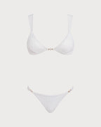 Conjunto de bikini con bralette de cuello en V y textura en color blanco